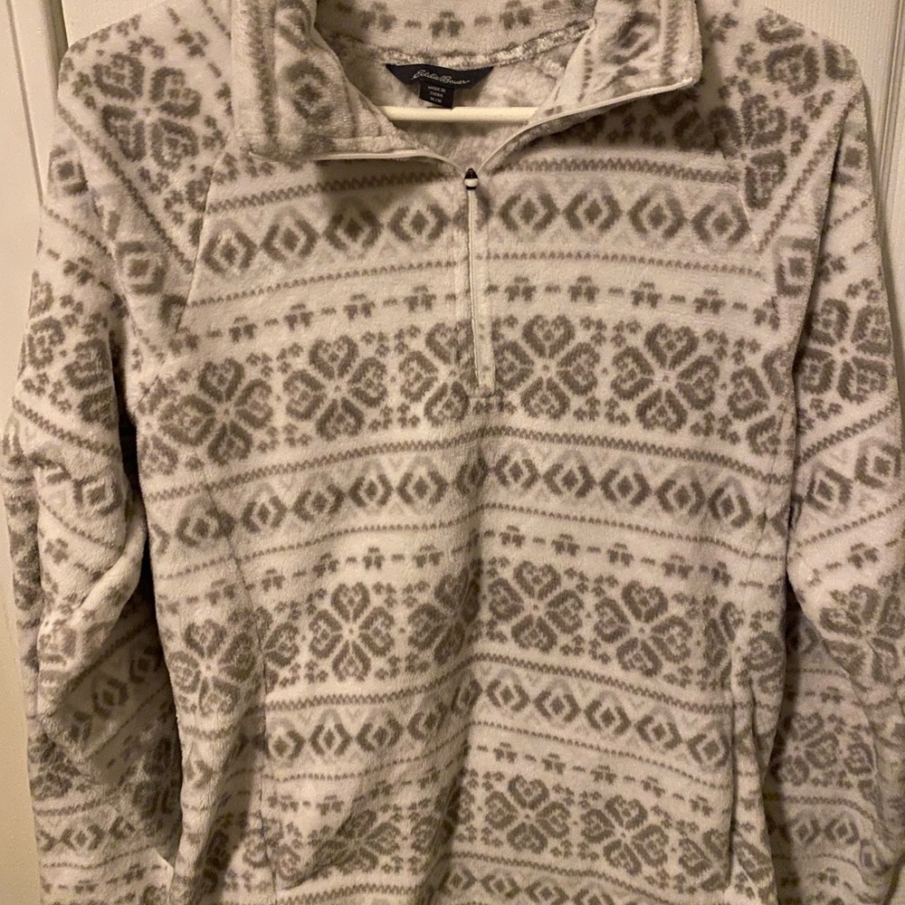 Eddie Bauer Cream and Gray Patterned Fleece Quarter-Zip Sweater